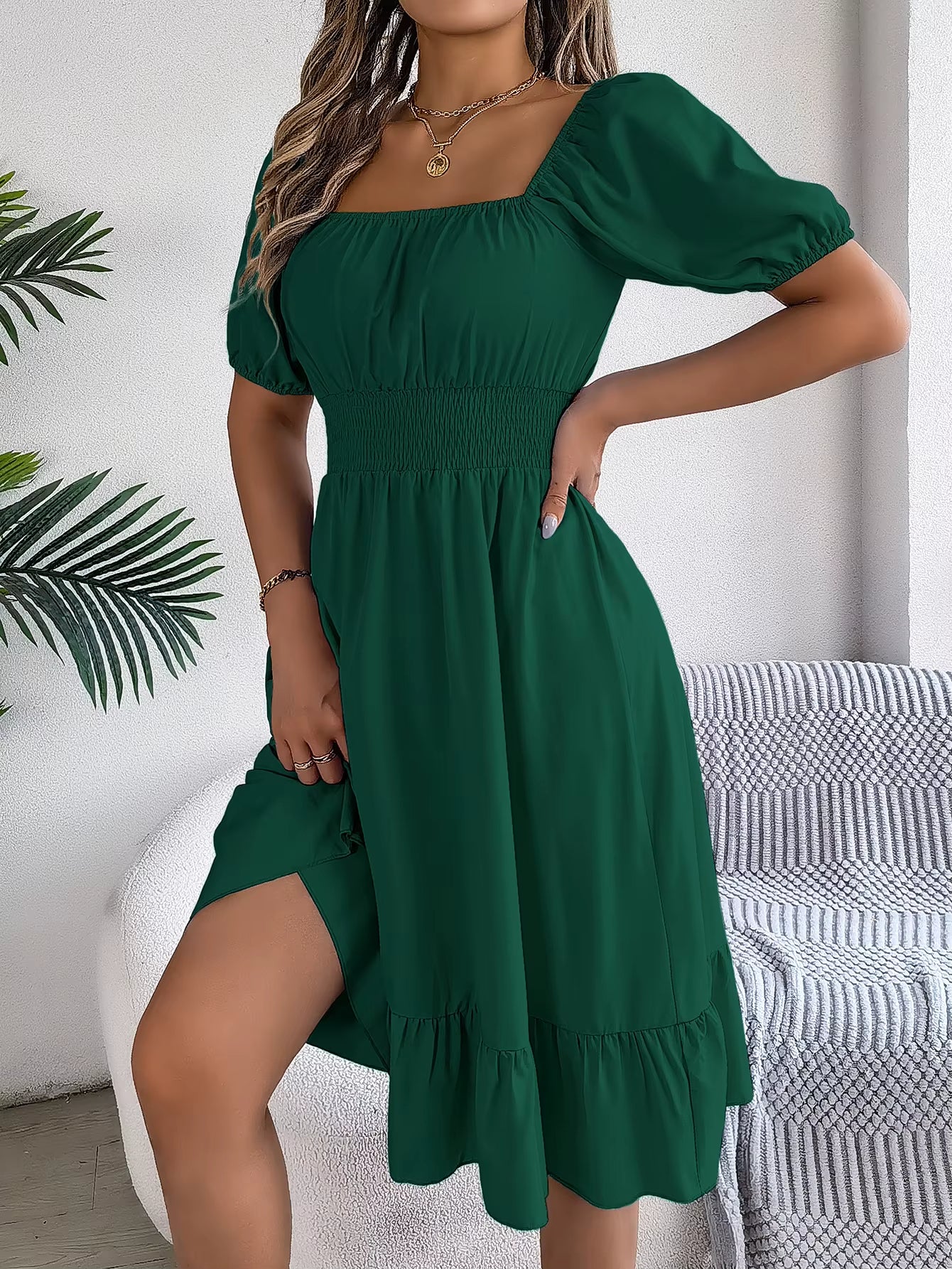 Léonie Kare Yaka Kolsuz Yazlık Mini Elbise