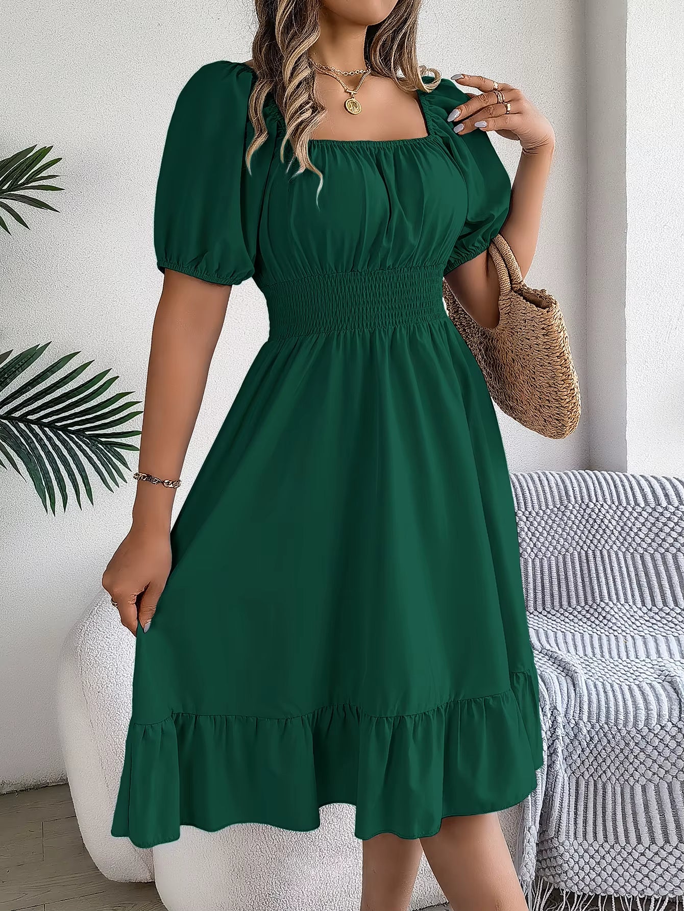 Léonie Kare Yaka Kolsuz Yazlık Mini Elbise